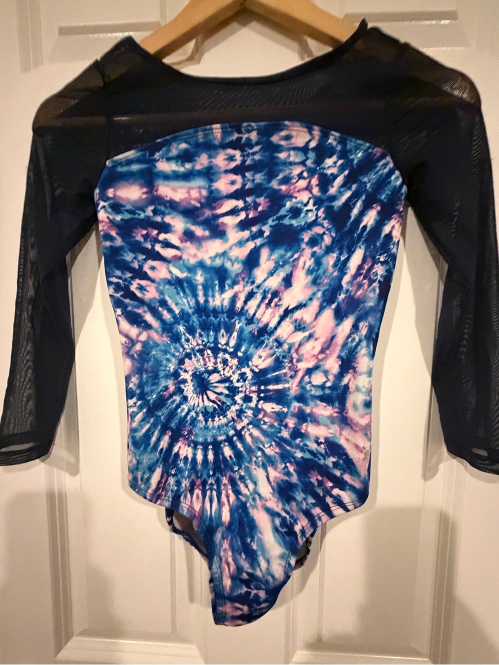 Justice Blue & Pink Tie-Dye Kids Leotard bodysuit with Black Sheer Sleeves 12